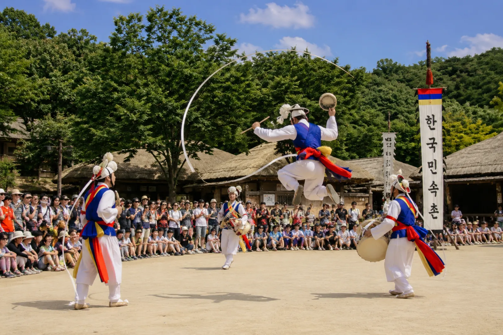Farmers' percussion performers leaping mid-dance at the Korean Folk Village