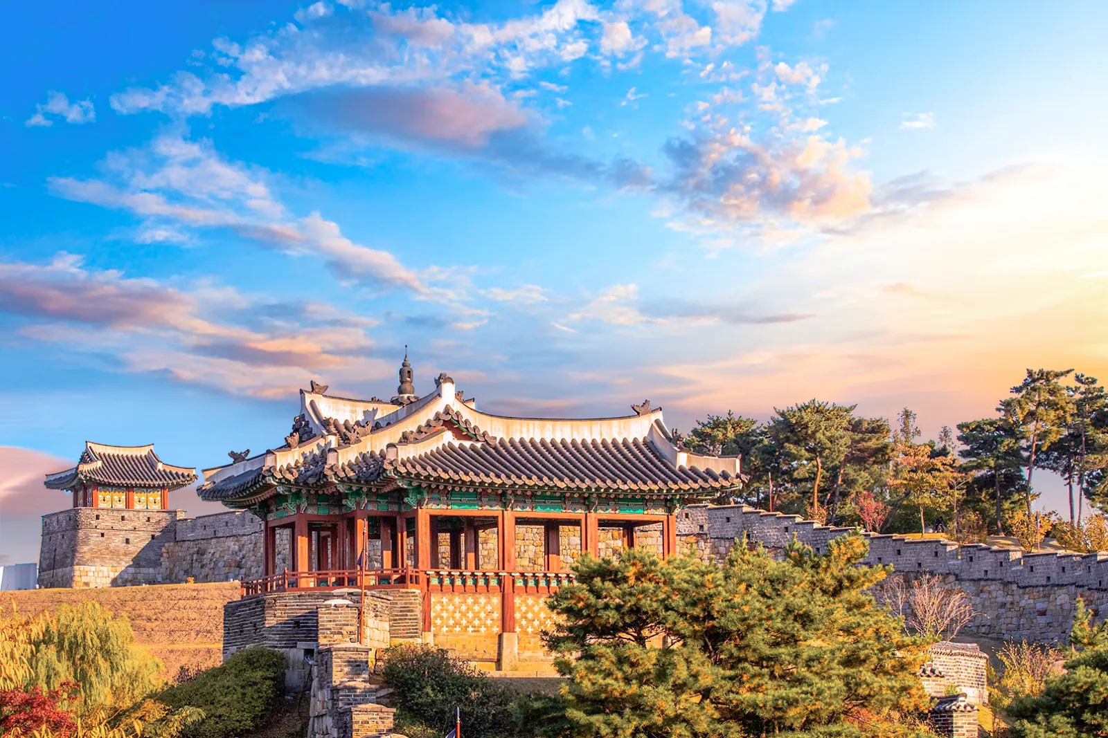 Seojangdae command post on Paldalsan hill at Hwaseong Fortress in evening light